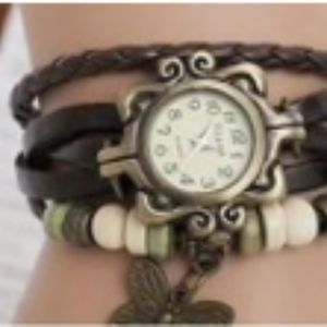 Brown Braided Leather Watch w/Beads and Butterfly